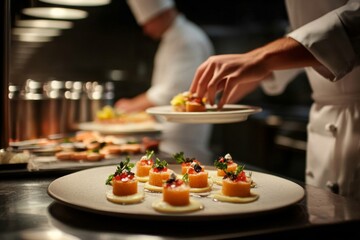 A chef meticulously arranging food on a plate.