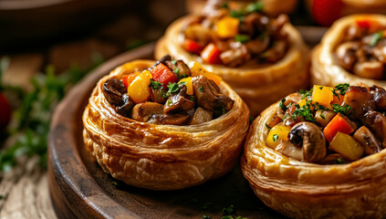 A puff pastry shell filled with savory ingredients like mushrooms, chicken, or seafood.