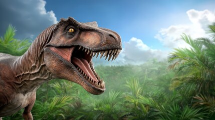 Fototapeta premium Roaring Tyrannosaurus Rex in Prehistoric Jungle Landscape