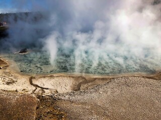 Steam Rising from Excelsior Geyser in the Midway Geyser Basin, Yellowstone National Park in Wyoming.