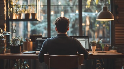 A man sits at a desk in front of a laptop Home Office Workspace filled with plants natural light.