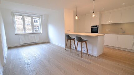 Fototapeta premium Modern Scandinavian Kitchen Light Wood Floor Island Minimalist Design Apartment Interi