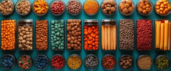 Fototapeta premium Variety of Pet Food in Jars and Containers - Top View