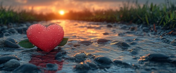 Fototapeta premium Heart Shaped Decoration by a Sunset Stream