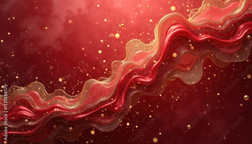 Fototapete abstract design with red, gold liquid marble texture. layered wavy shapes create dynamic visual effe