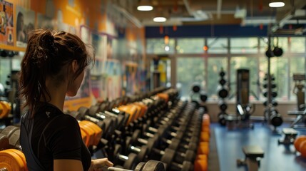 Woman lifting dumbbells in a modern gym with motivational posters in the background