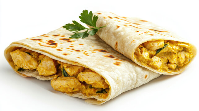 Delicious roti filled with tender chicken curry, garnished with fresh herbs, perfect for satisfying meal. Enjoy rich flavors and comforting texture!