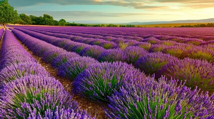 Naklejka premium Stunning Sunset Lavender Field in Provence France