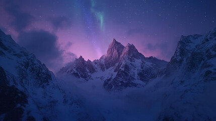 Obraz premium Majestic mountain peaks under starry sky with vibrant auroras illuminating scene. serene atmosphere evokes sense of wonder and tranquility
