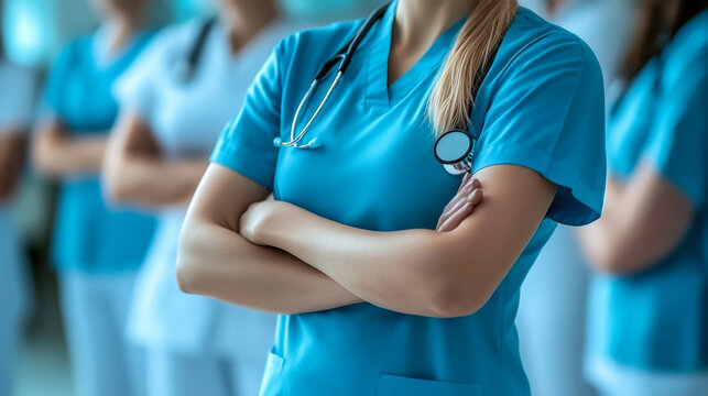 Group of medical doctors standing at hospital. Team of physicians ready to help patients. Medicine and health care concept