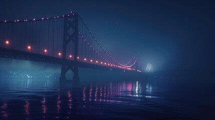 Obraz premium A beautifully lit suspension bridge over calm water, captured at night for an elegant transportation-themed design