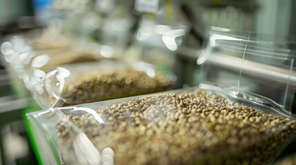 Genetically enhanced seeds being packaged for commercial distribution in a high-tech facility