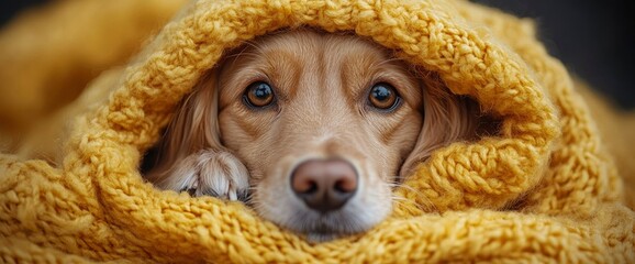 Golden Retriever Puppy Snuggled in Cozy Yellow Knit Blanket