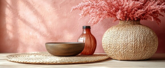 Bohemian Still Life Wooden Bowl, Jute Vase, and Dried Flowers on a Textured Background