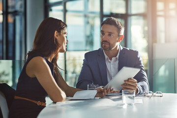 Manager, review or business people with tablet for planning, investment research or budget advice....