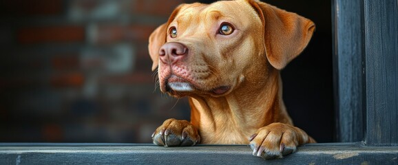 Adorable Brown Dog Peeking Through Window, Longing Expression