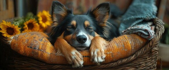 Peaceful Border Collie Puppy Sleeping in a Cozy Basket with Sunflowers