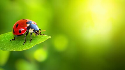 Obraz premium Ladybug Macro Photography Red Insect on Green Leaf Nature Closeup
