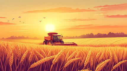 Fototapeta premium Sunset wheat harvesting with combine harvester in golden field design, summer agriculture scene, rural farm landscape design. Flux. Illustration