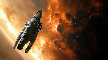 A modern spacecraft  in a space gazing at a nebula