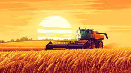 Fototapeta premium Sunset wheat harvesting with combine harvester in golden field design, summer agriculture scene, rural farm landscape design. Flux. Illustration