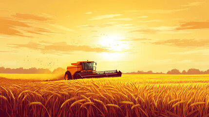 Fototapeta premium Sunset wheat harvesting with combine harvester in golden field design, summer agriculture scene, rural farm landscape design. Flux. Illustration