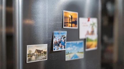 Souvenirs. Colorful photos on refrigerator, family memories displayed with magnets, home decor concept