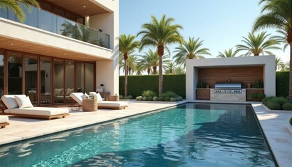 Fototapeta premium Tranquil luxury resort features travertine poolside pavers, sparkling pool. Plush cabanas, comfortable seating surround pool. Modern outdoor kitchen with stone grill nice touch. Palm trees create