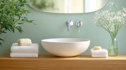 Fototapeta premium Vase with beautiful pink tulips and toiletries near sink in bathroom