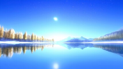 Fototapeta premium Serene Winter Lake Snowy Trees Mountain Reflection Calm Sky