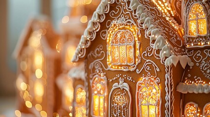 Illuminated gingerbread house with intricate icing details.