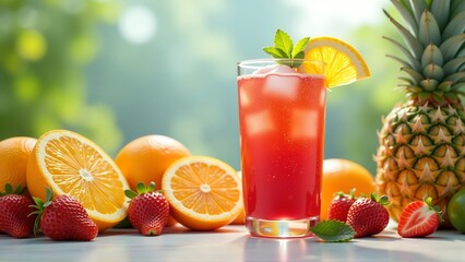 Fototapeta premium Refreshing Summer Fruit Cocktail with Oranges, Strawberries, and Pineapple