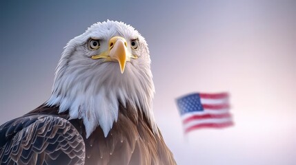 Obraz premium Majestic Bald Eagle with American Flag Patriotic Bird Wildlife USA Symbol