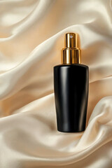 Naklejka premium Elegant black cosmetic bottle with golden pump on soft, flowing cream fabric background