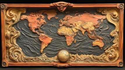 3D relief map of the world with ornate frame