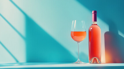 A bottle and a glass of wine on a blue endless background. 