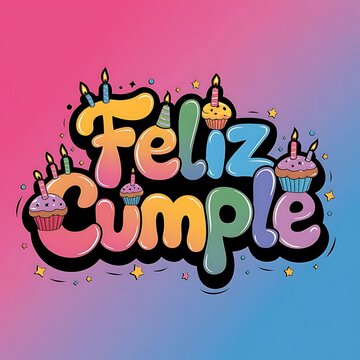 Feliz cumple and Feliz cumpleanos sign means Happy Birthday in Spanish language, calligraphy  Birthday party celebration gift with cake candle colorful balloons best congratulation on light background