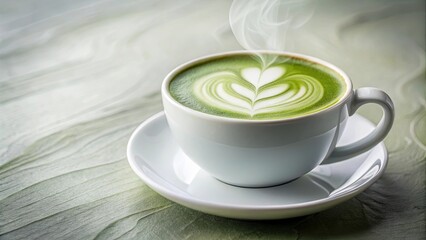 Aromatic Steaming Cup of Matcha Latte with Intricate Heart Design on a Subtle Green Surface