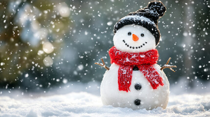 Snowman with red scarf standing in the white snow