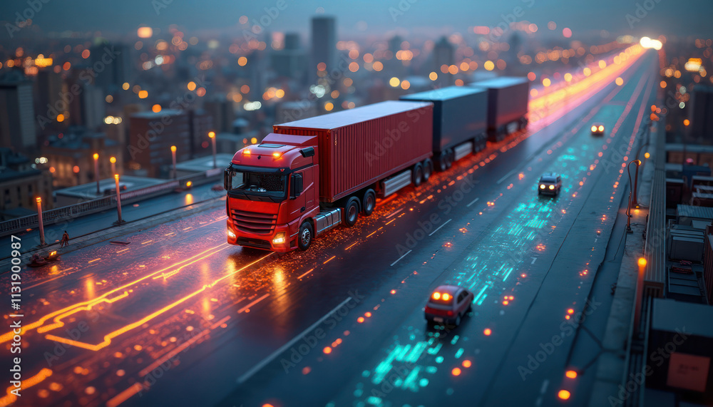 Aufkleber Modern tech supply chain logistics. Truck transports cargo on highway. Glowing data visualizations light up road. Cityscape in background. Digitalization of transportation. Automated delivery. Future