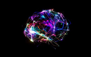 3D abstract glowing polygonal brain with vibrant color lines, showcasing the connection between human cognition and advanced technology