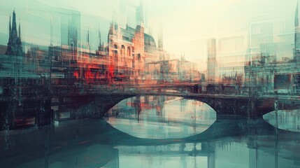 Fototapeta premium A city with a bridge, fragmented into overlapping planes and sharp angles, with the bridge and buildings merging into abstract forms.