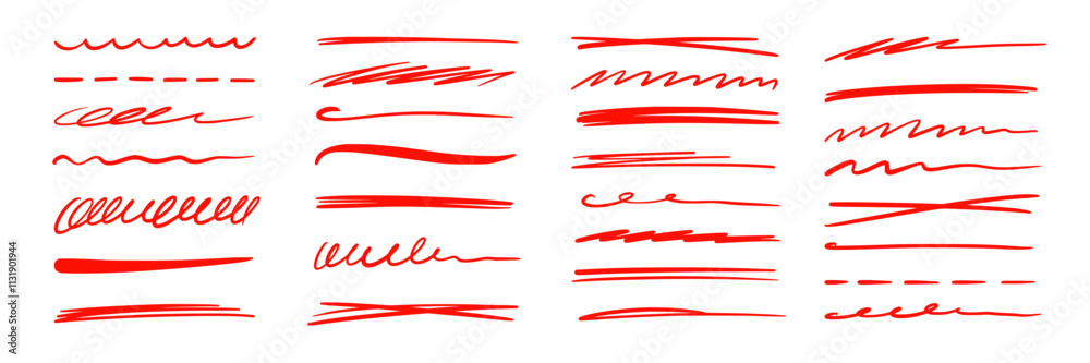 Poster red marker underline brush stroke set. marker red pen highlights squiggle stroke. vector swoosh brus
