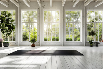 Fototapeta premium Gym white interior with black yoga mat