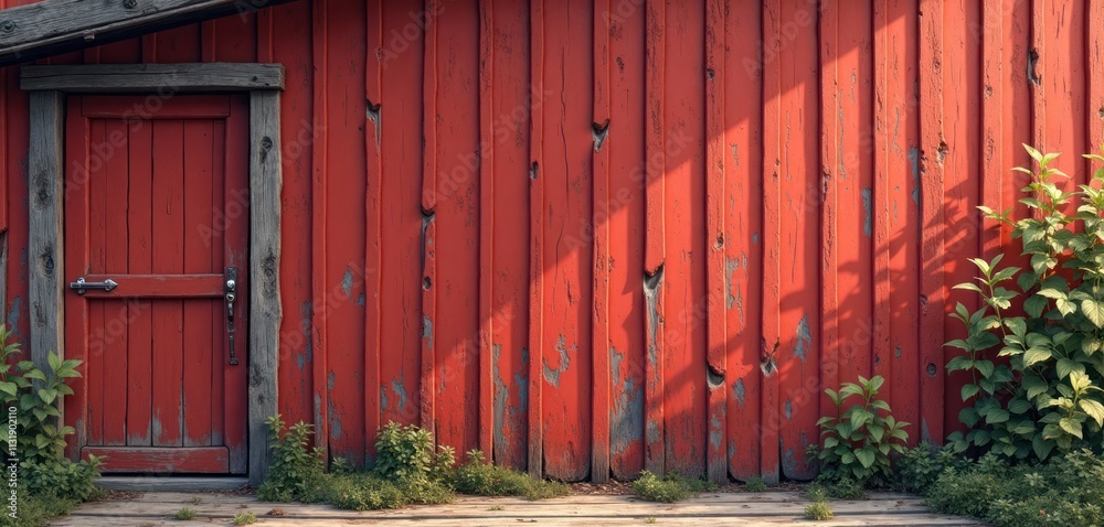 Poster weathered red wooden wall with a rustic charm. old wooden door with details is visible. plants grow 
