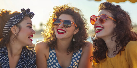 Obraz premium Three women in vintage-style outfits, smiling and laughing at the beachside bar, generative AI