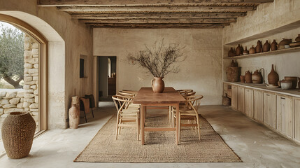 Naklejka premium vibrant dining space featuring terracotta dining table, wooden chairs, and rustic decor. warm tones and natural materials create cozy atmosphere