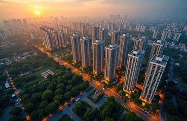 Fototapeta premium Delhi cityscape aerial view shows high-rise buildings with green plants. Residential areas parks, roads. Urban development visible. Sunset illuminates city. Evening tranquility. Property development.