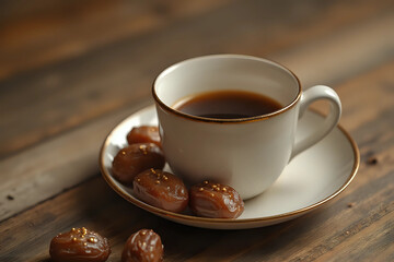Obraz premium Cup of coffee and dry dates on saucer ready to eat for iftar time. Islamic religion and ramadan concept.