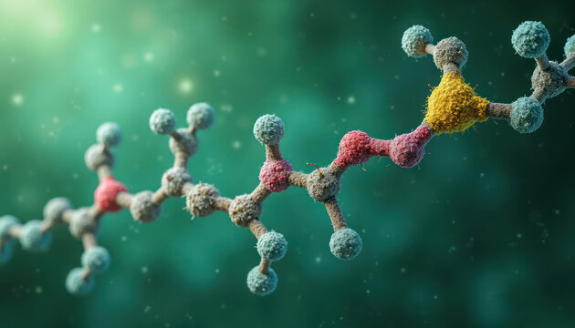 Scientific illustration shows intricate structure of thromboxane B2 molecule. Colorful molecular components connected in specific way. Green background provides visual contrast. Image suitable for